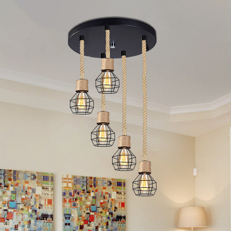 Metal Globe Cage Ceiling Lighting with Adjustable Rope Lodge 3/5 Heads Indoor Hanging Light in Black