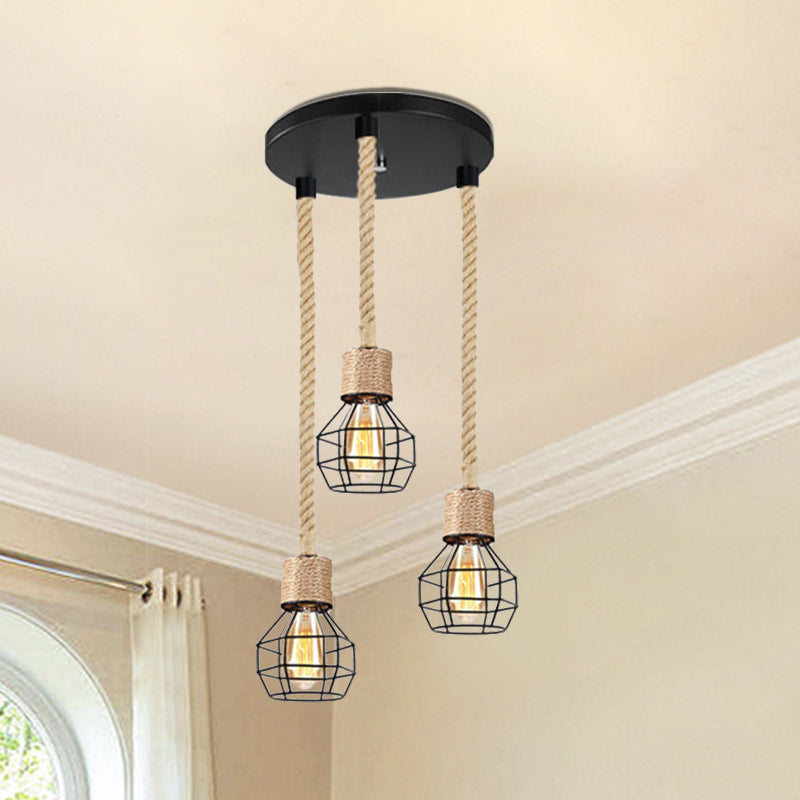 Metal Globe Cage Ceiling Lighting with Adjustable Rope Lodge 3/5 Heads Indoor Hanging Light in Black