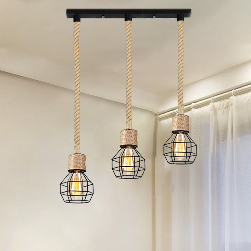 Metal Globe Cage Ceiling Lighting with Adjustable Rope Lodge 3/5 Heads Indoor Hanging Light in Black