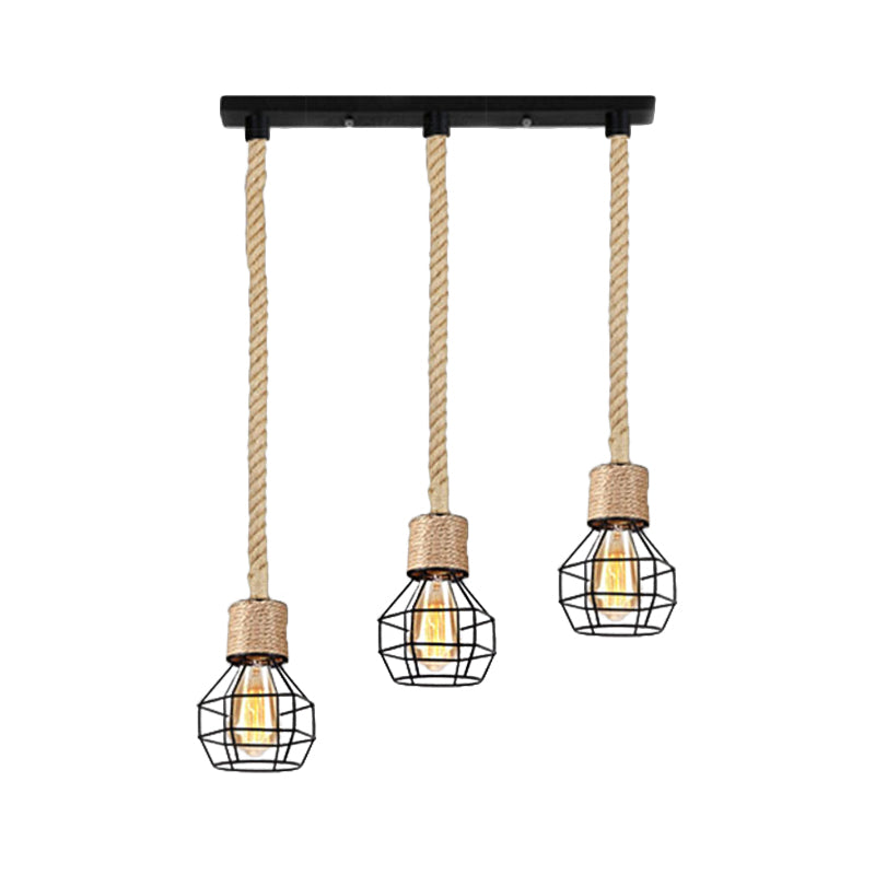 Metal Globe Cage Ceiling Lighting with Adjustable Rope Lodge 3/5 Heads Indoor Hanging Light in Black