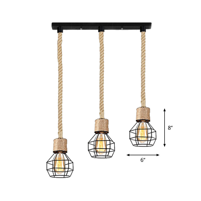 Metal Globe Cage Ceiling Lighting with Adjustable Rope Lodge 3/5 Heads Indoor Hanging Light in Black