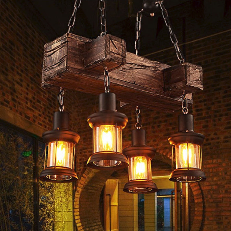 Lanterna in vetro trasparente a sospensione sospeso a sospensione costiera a 4 luci da pranzo isola lampada a marrone con legno deco