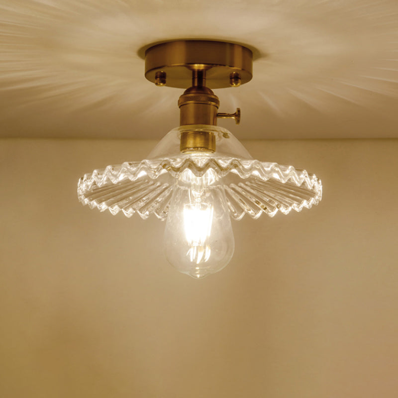 One Light Ceiling Lighting Industrial Scalloped Ribbed Glass Semi Flush Mount Light in Clear/Green