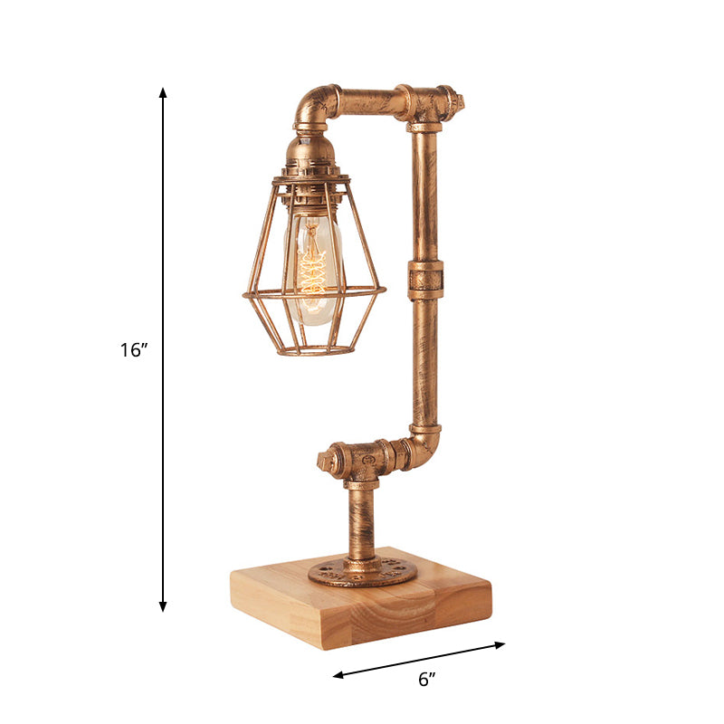 Lampada da tavolo con tubatura industriale 1 illuminazione da tavolo in metallo con base in legno e protezione del filo in bronzo per soggiorno