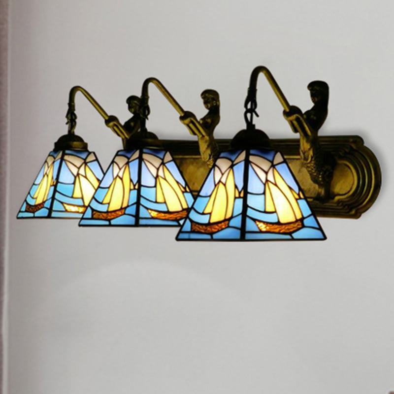3 Heads Sailboat Sconce Light Fixture Mediterranean Blue Glass Wall Mounted Light