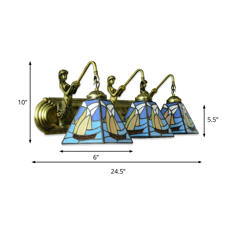 3 Heads Sailboat Sconce Light Fixture Mediterranean Blue Glass Wall Mounted Light