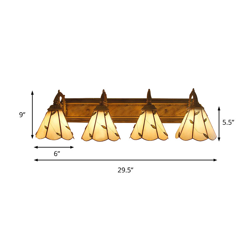 Stained Glass Leaf Wall Sconce Light Rustic Loft 4 Lights Bathroom Vanity Lighting in Beige