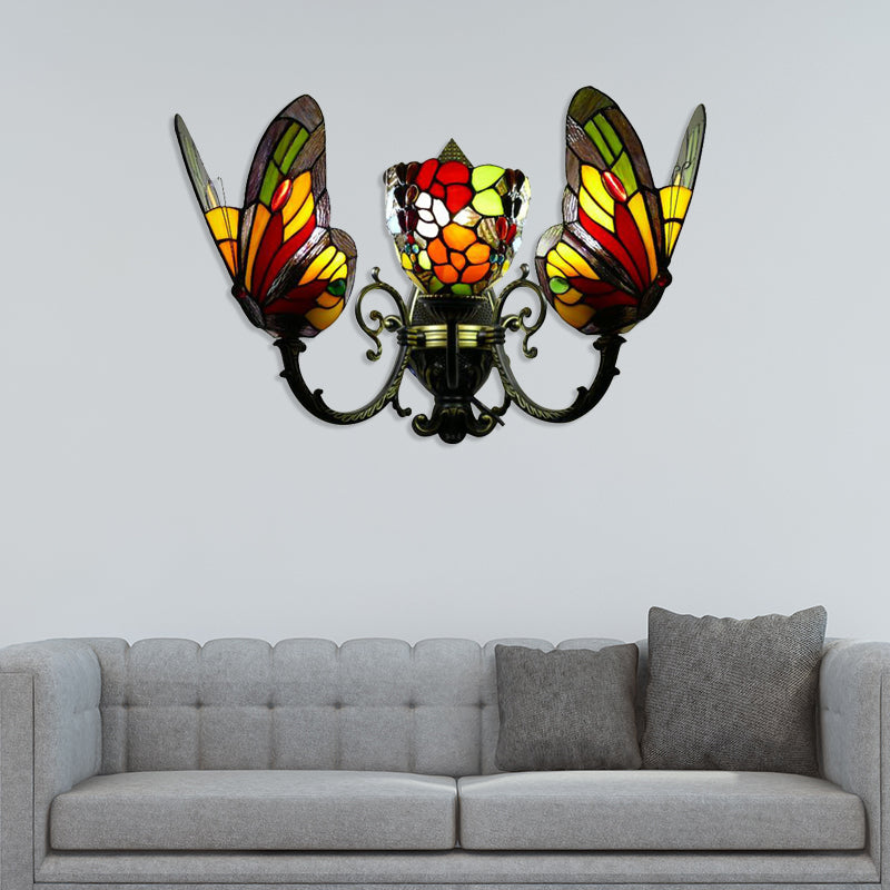 3 Heads Butterfly Wall Sconce Loft Lodge Stained Glass Wall Mount Lighting for Living Room