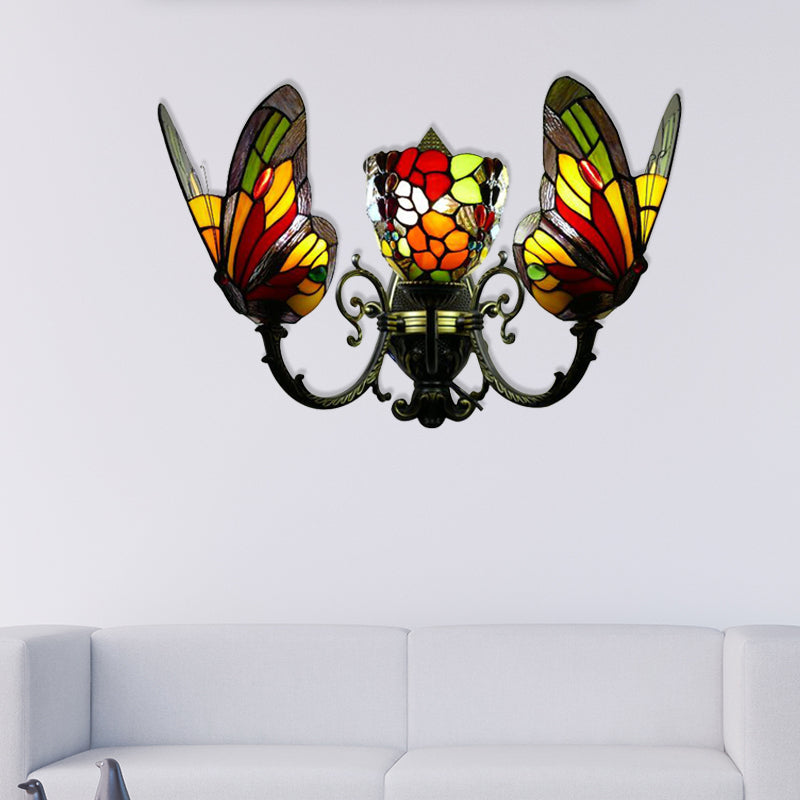 3 Heads Butterfly Wall Sconce Loft Lodge Stained Glass Wall Mount Lighting for Living Room