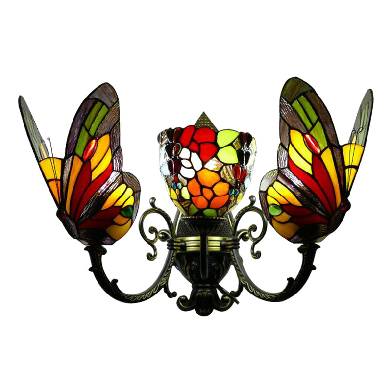3 Heads Butterfly Wall Sconce Loft Lodge Stained Glass Wall Mount Lighting for Living Room