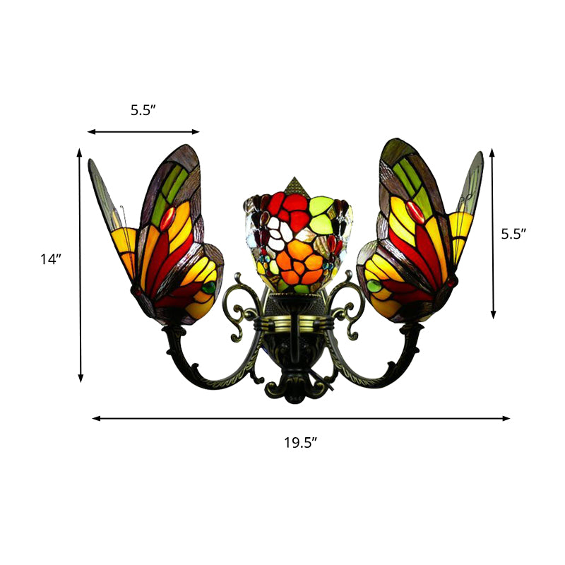 3 Heads Butterfly Wall Sconce Loft Lodge Stained Glass Wall Mount Lighting for Living Room