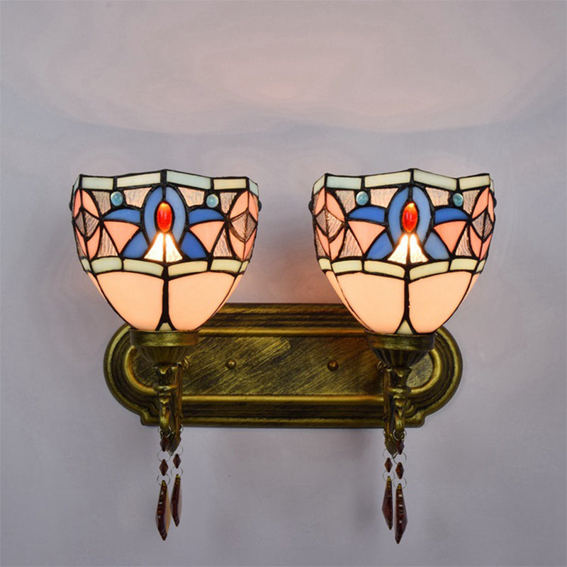 Vintage Tiffany Domed Wall Light 2 Lights Stained Glass Wall Sconce in Antique Bronze for Bedroom