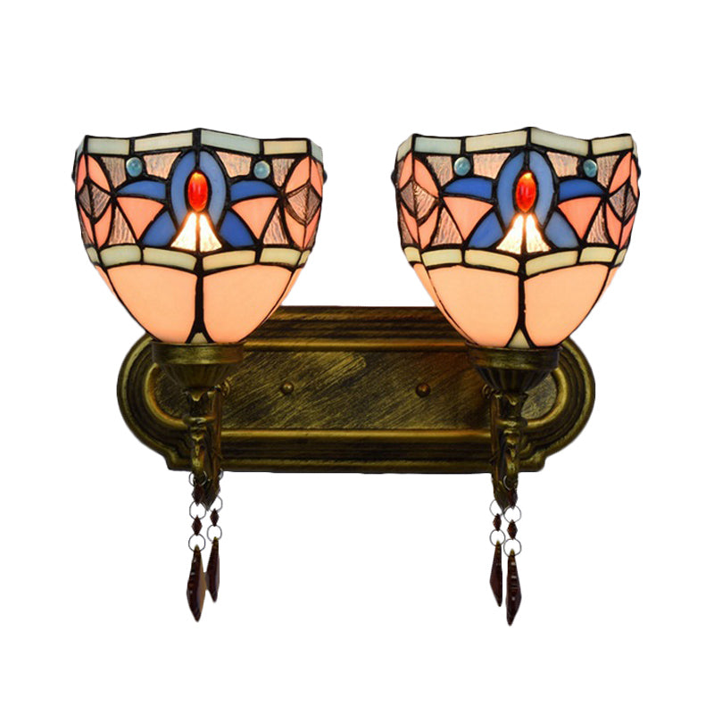 Vintage Tiffany Domed Wall Light 2 Lights Stained Glass Wall Sconce in Antique Bronze for Bedroom