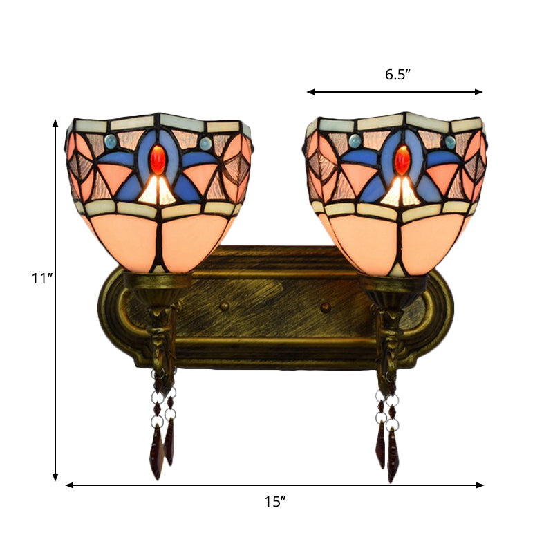 Vintage Tiffany Domed Wall Light 2 Lights Stained Glass Wall Sconce in Antique Bronze for Bedroom