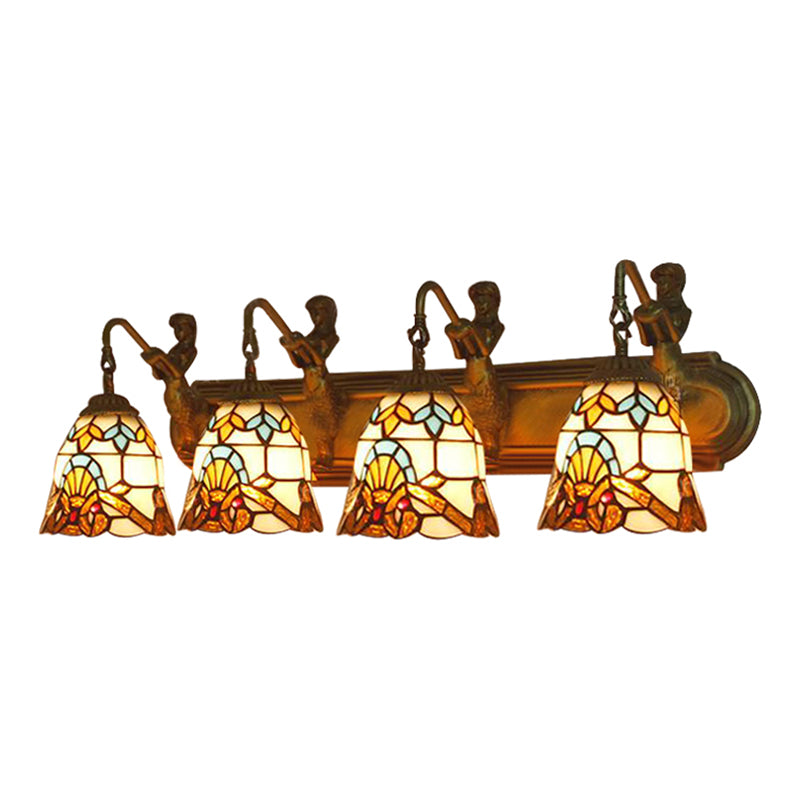 Beige Glass Bell Sconce Lighting Baroque 4 Heads Brass Wall Mount Lighting with Mermaid Decoration