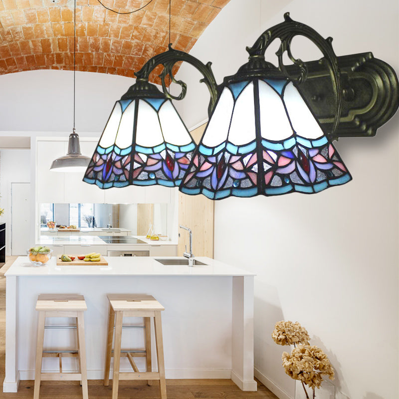 2 Bulbs Pyramid Wall Light Tiffany Classic Stained Glass Wall Sconce in Blue with Curved Arm for Corridor