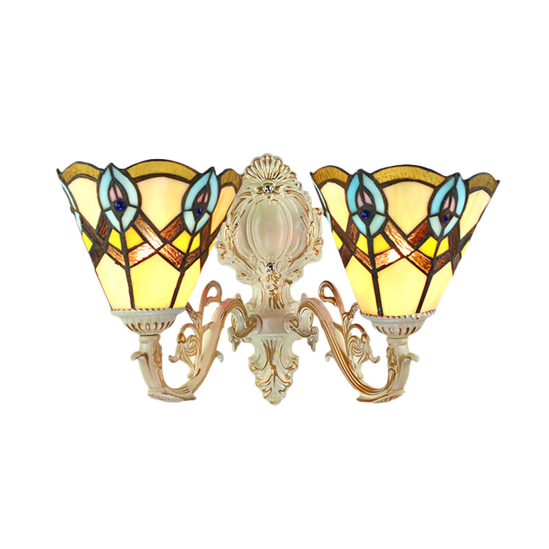 Cone Gallery Wall Light with Carved Arm Stained Glass 2 Heads Tiffany Victorian Wall Lamp in Beige