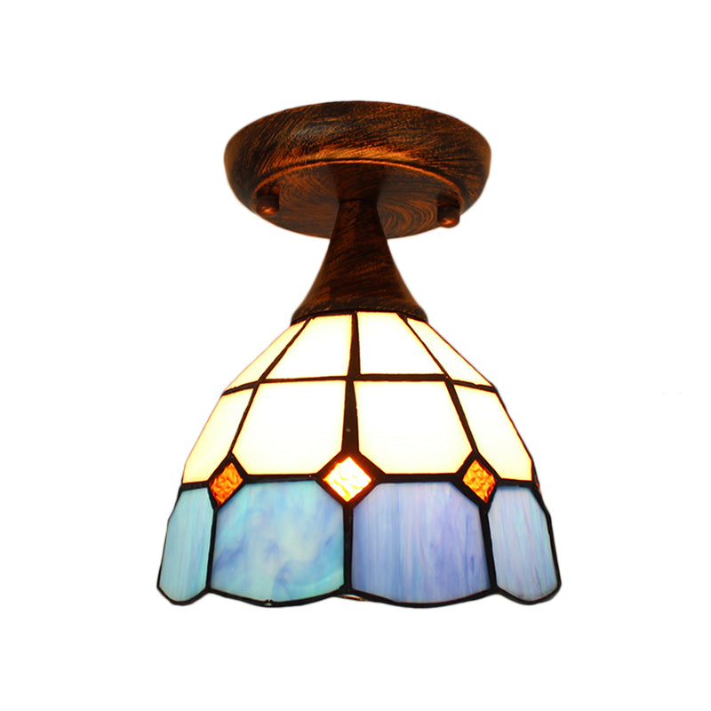 Mini Semi Flush Light with Stained Glass 1 Light Mediterranean Ceiling Light in Blue for Corridor