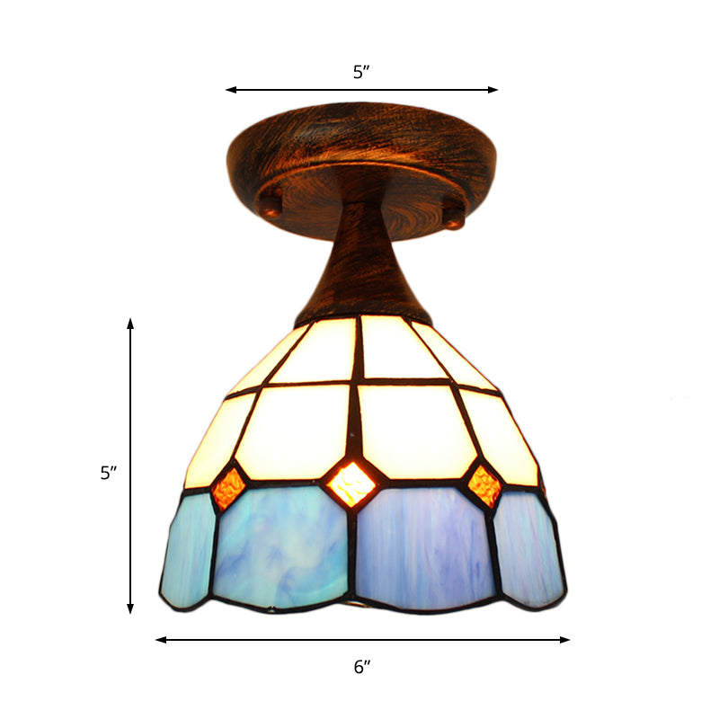Mini Semi Flush Light with Stained Glass 1 Light Mediterranean Ceiling Light in Blue for Corridor