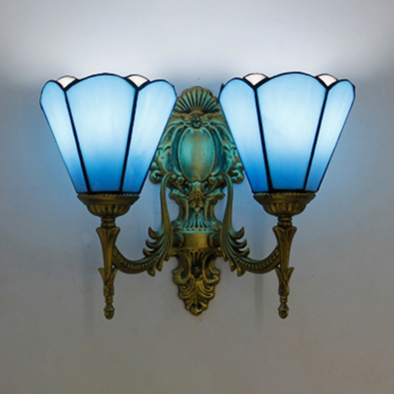 Blue Glass Cone Wall Sconce Lighting Traditional Double Wall Mount Light for Dining Room