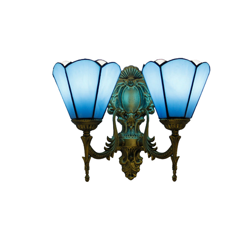 Blue Glass Cone Wall Sconce Lighting Traditional Double Wall Mount Light for Dining Room