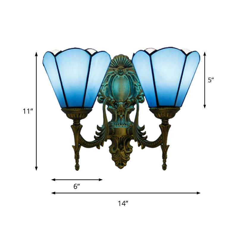 Blue Glass Cone Wall Sconce Lighting Traditional Double Wall Mount Light for Dining Room