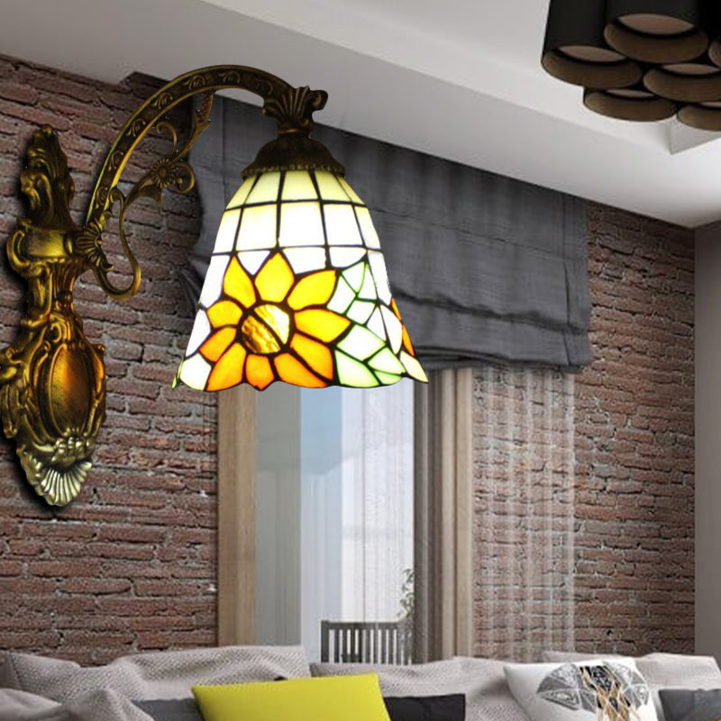 Yellow Glass Bell Shade Wall Light with Sunflower and Carved Arm 1 Bulb Rustic Sconce for Villa