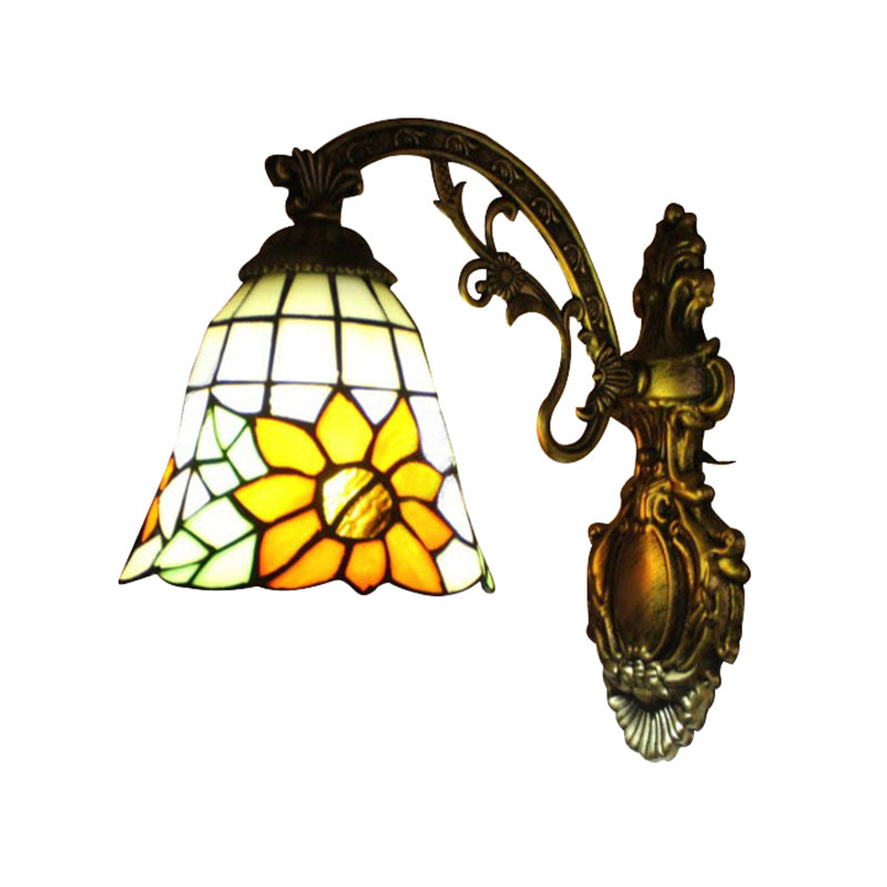 Yellow Glass Bell Shade Wall Light with Sunflower and Carved Arm 1 Bulb Rustic Sconce for Villa