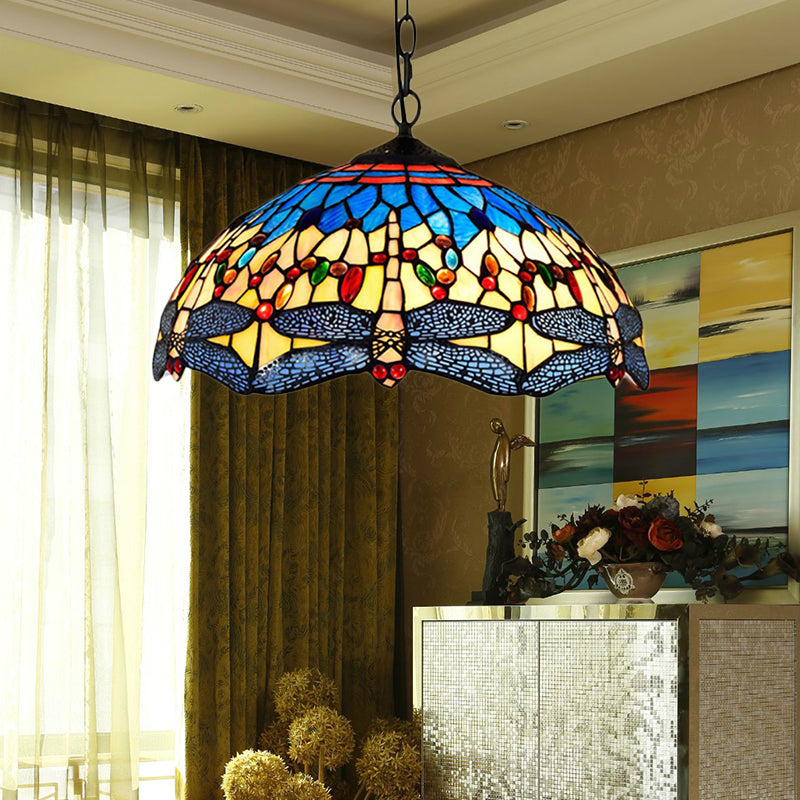 2 Heads Dragonfly Pendant Lighting Tiffany Yellow-Blue Stained Glass Hanging Ceiling Light for Living Room