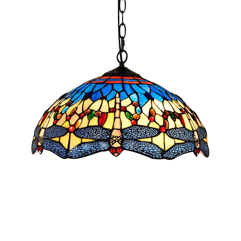 2 Heads Dragonfly Pendant Lighting Tiffany Yellow-Blue Stained Glass Hanging Ceiling Light for Living Room