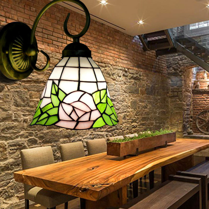 Green Bell Wall Light Fixture Tiffany 1 Head Stained Glass Sconce Light with Rose Pattern