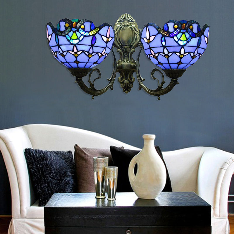 Tulip Wall Lamp Fixtures with Curved Arm Village Stained Glass 2 Lights Wall Sconce with Bowl Shade in Blue