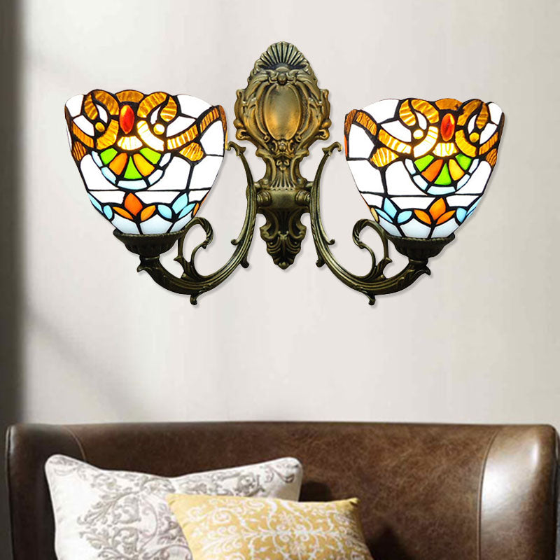11" Height Bowl Sconce Wall Light Victorian 2 Heads Stained Glass Wall Lighting for Bedroom