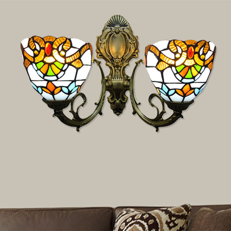 11" Height Bowl Sconce Wall Light Victorian 2 Heads Stained Glass Wall Lighting for Bedroom