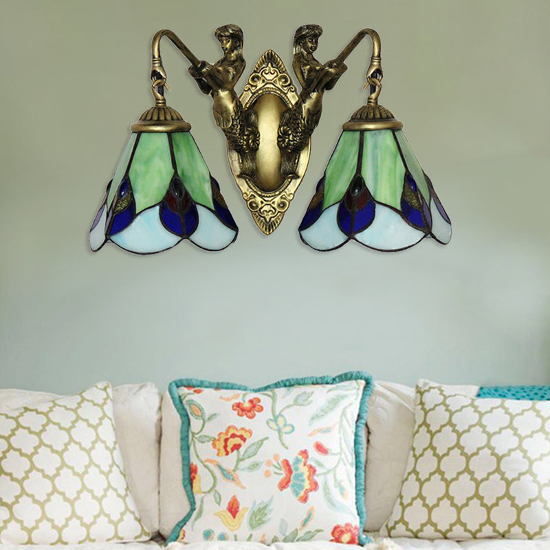 Yellow 2 Heads Wall Mount Light Tiffany Green Glass Cone Sconce Light Fixture with Mermaid Decoration