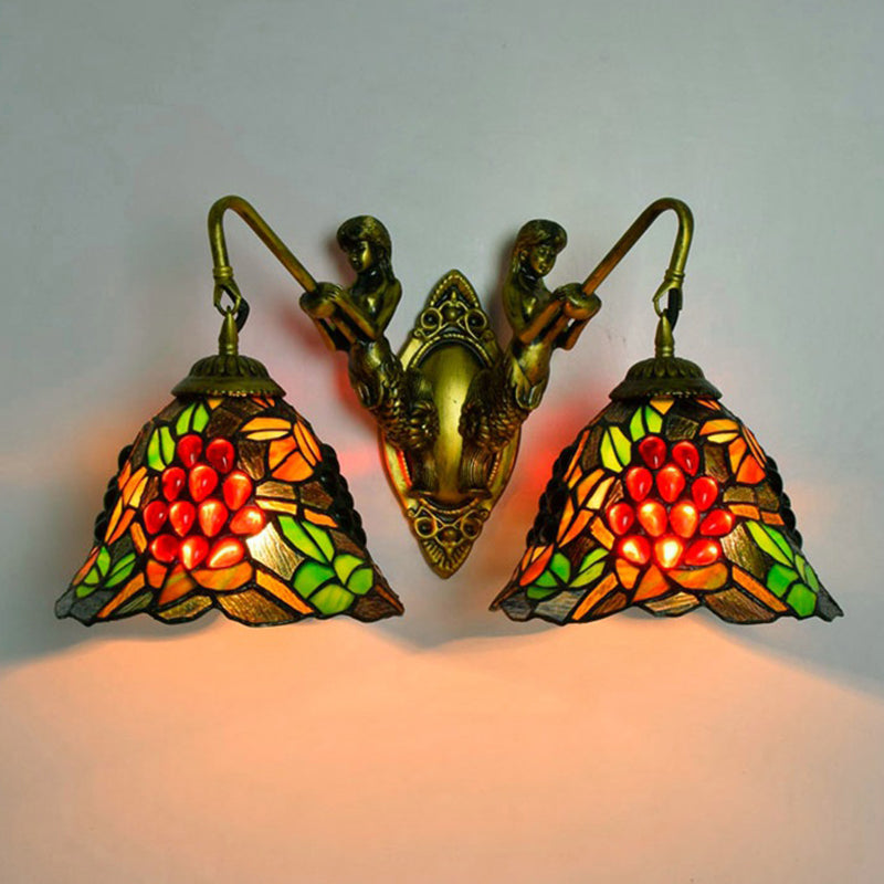 Bell Sconce Light Fixture Tiffany Red-Yellow-Green Glass 2 Heads Bedroom Wall Mount Light