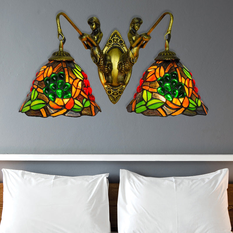 Bell Sconce Light Fixture Tiffany Red-Yellow-Green Glass 2 Heads Bedroom Wall Mount Light