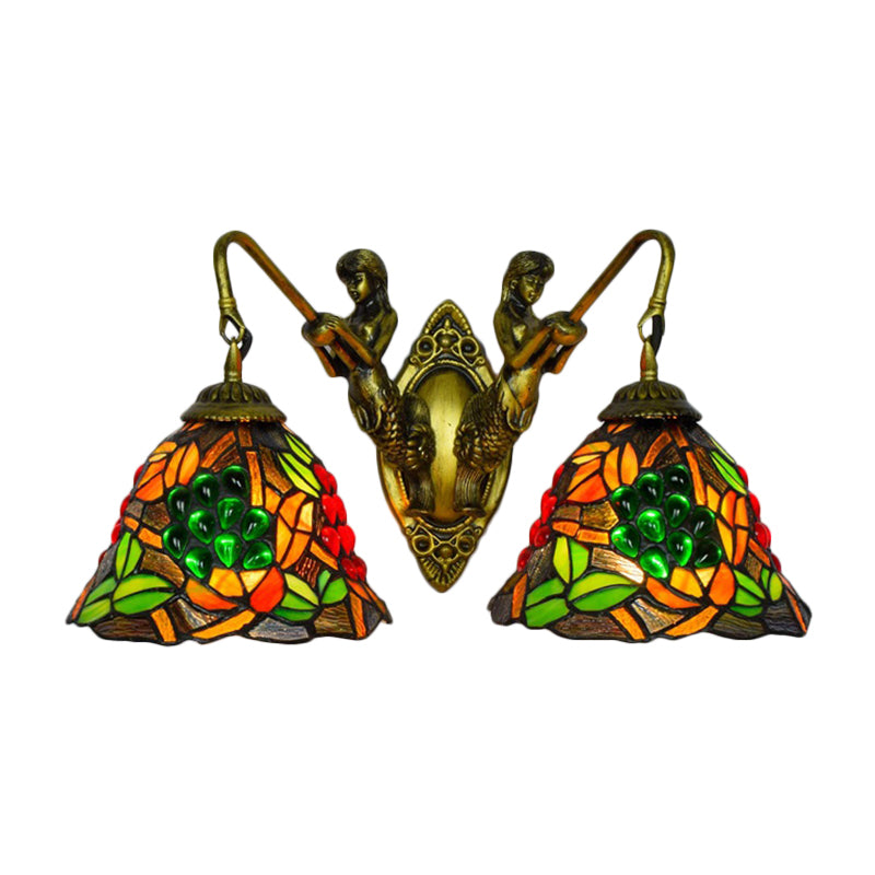Bell Sconce Light Fixture Tiffany Red-Yellow-Green Glass 2 Heads Bedroom Wall Mount Light
