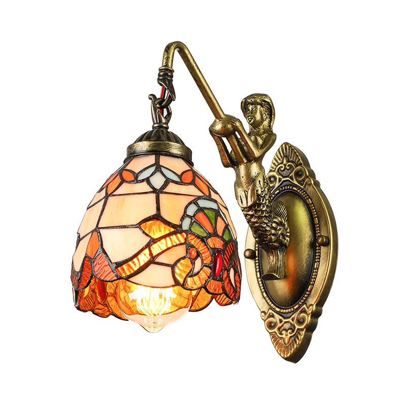 Vintage Dome Sconce Light 5.5" Width 1 Light Stained Glass Sconce Light Fixture with Mermaid Design