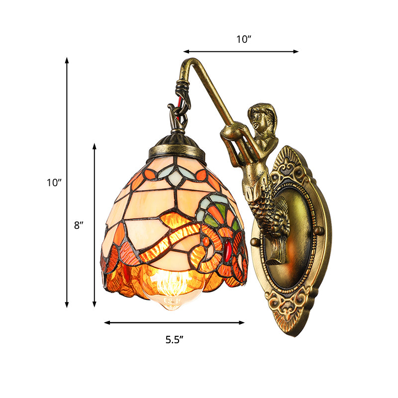 Vintage Dome Sconce Light 5.5" Width 1 Light Stained Glass Sconce Light Fixture with Mermaid Design