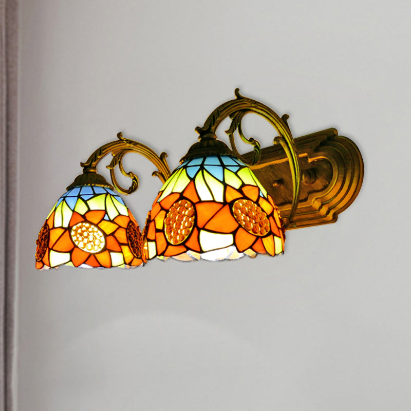 Sunflower Wall Lighting with Stained Glass Bowl Shade 2 Lights Loft Sconce Light in Orange