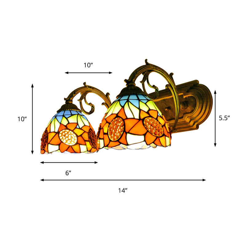 Sunflower Wall Lighting with Stained Glass Bowl Shade 2 Lights Loft Sconce Light in Orange