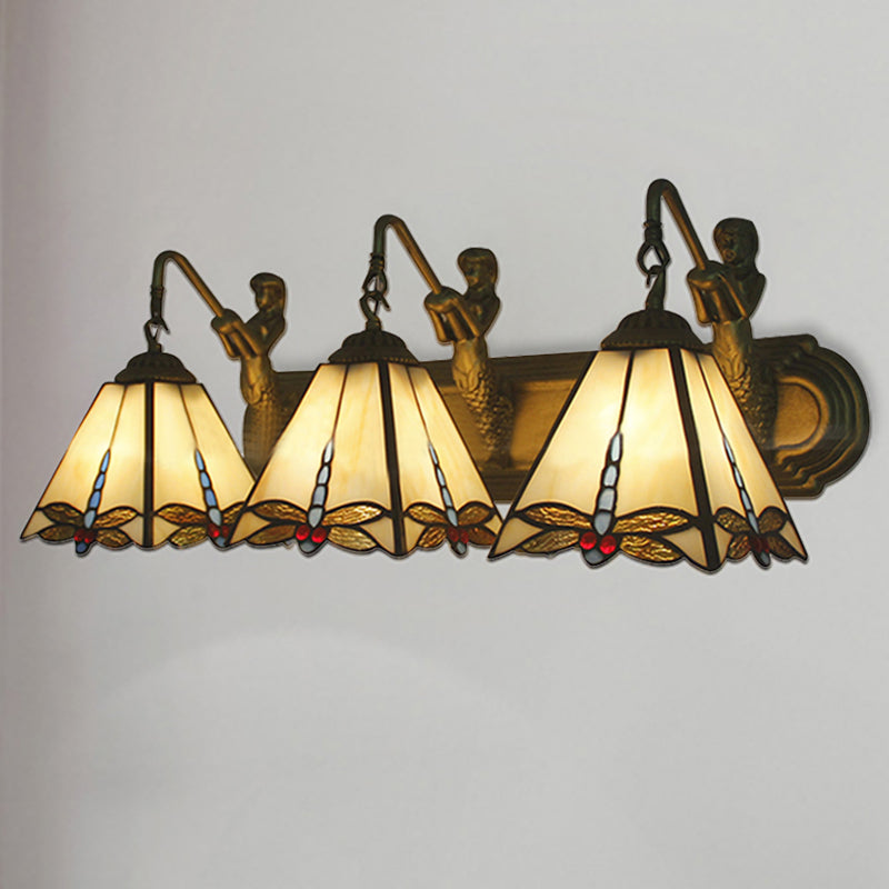 Tiffany Dragonfly Sconce Lighting 3 Heads Beige Glass Wall Mount Light with Mermaid Backplate