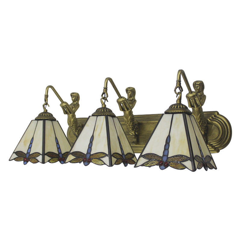 Tiffany Dragonfly Sconce Lighting 3 Heads Beige Glass Wall Mount Light with Mermaid Backplate