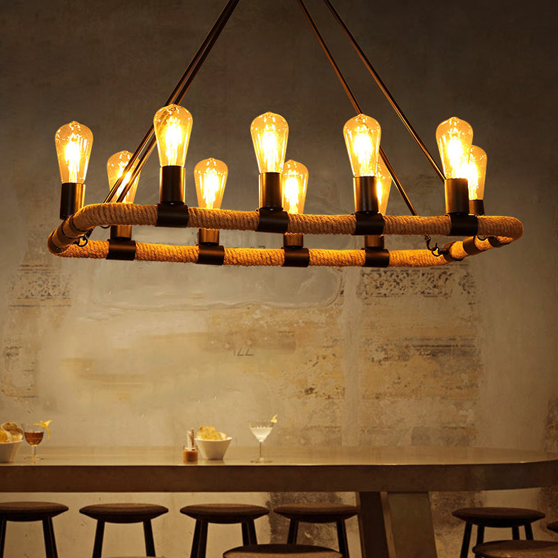 10/16 Bulbs Chandelier Lighting Loft Style Rectangular Frame Metal Pendant Lighting with Rope Detail in Black
