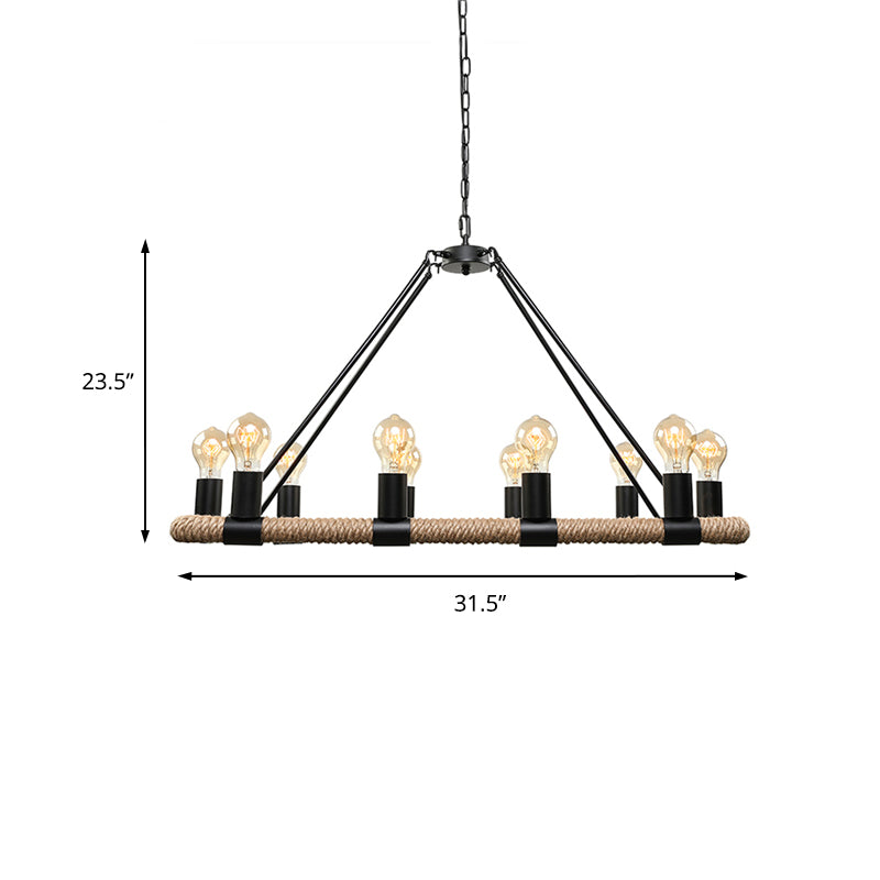 10/16 Bulbs Chandelier Lighting Loft Style Rectangular Frame Metal Pendant Lighting with Rope Detail in Black