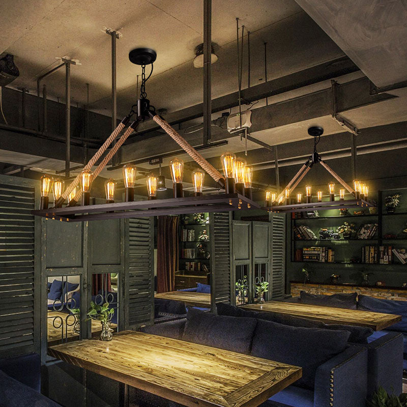 10/16 Bulbs Chandelier Lighting Loft Style Rectangular Frame Metal Pendant Lighting with Rope Detail in Black