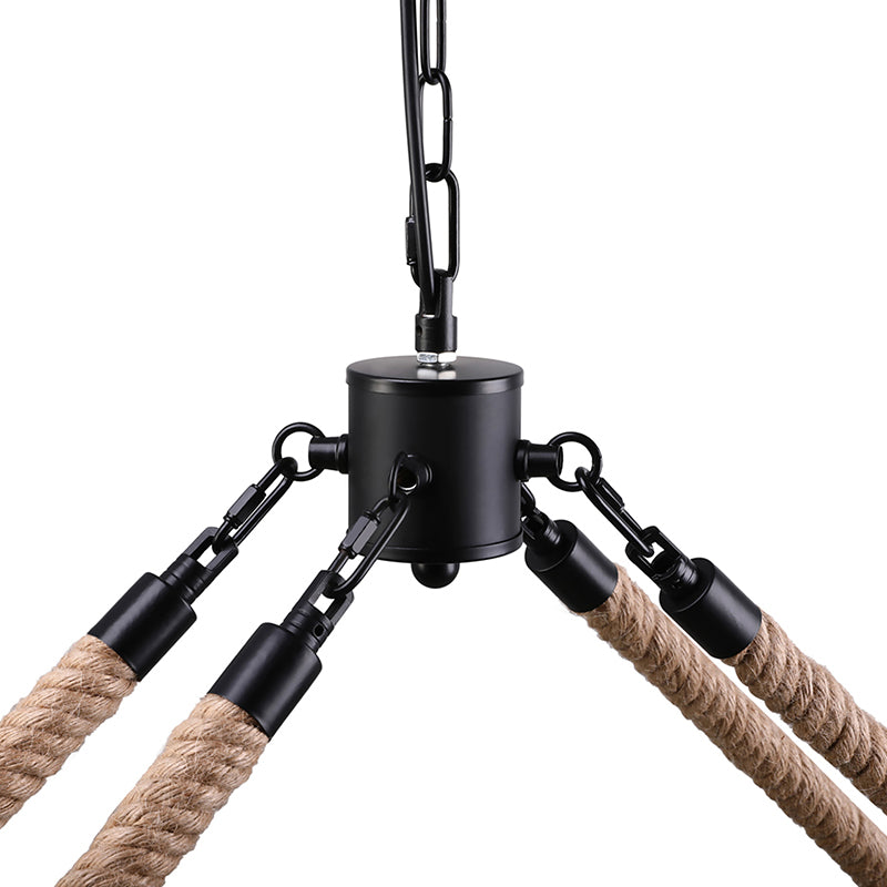 10/16 Bulbs Chandelier Lighting Loft Style Rectangular Frame Metal Pendant Lighting with Rope Detail in Black