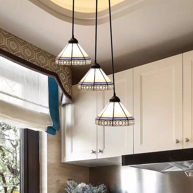 Stained Glass Tapered Swag Lamp Tiffany-Style 3 Heads Blue and White Cluster Pendant Light with Round/Linear Canopy