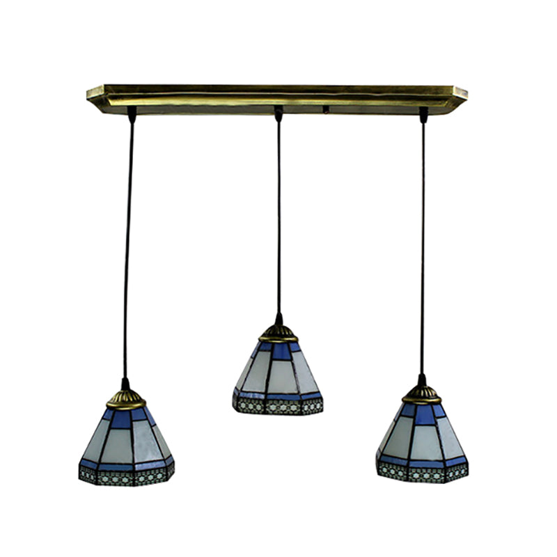 Stained Glass Tapered Swag Lamp Tiffany-Style 3 Heads Blue and White Cluster Pendant Light with Round/Linear Canopy